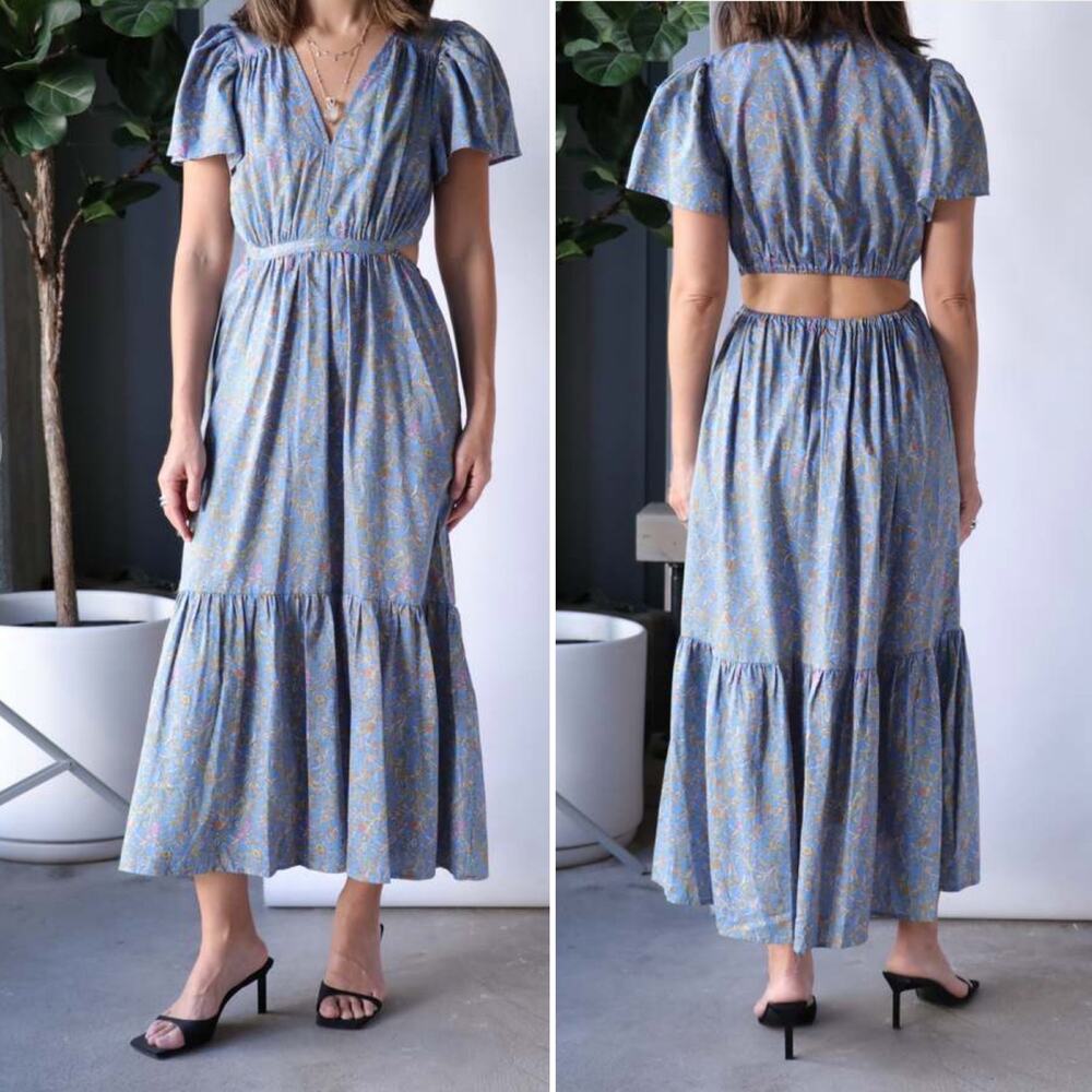 Xirena Gabrielle Dress Blue Floral Midi Tiered Back Cutout V-Neck Sz L - Picture 2 of 10